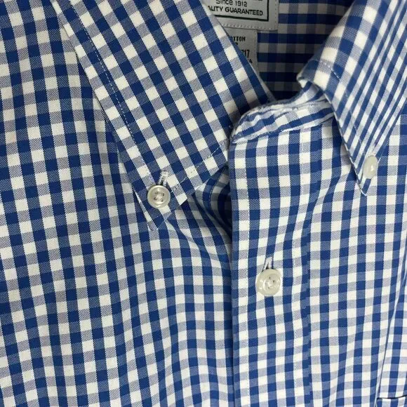 LL Bean Shirt Men 16 33 Blue Long Sleeve Gingham Check Wrinkle Free Slightly Fit - Picture 3 of 9